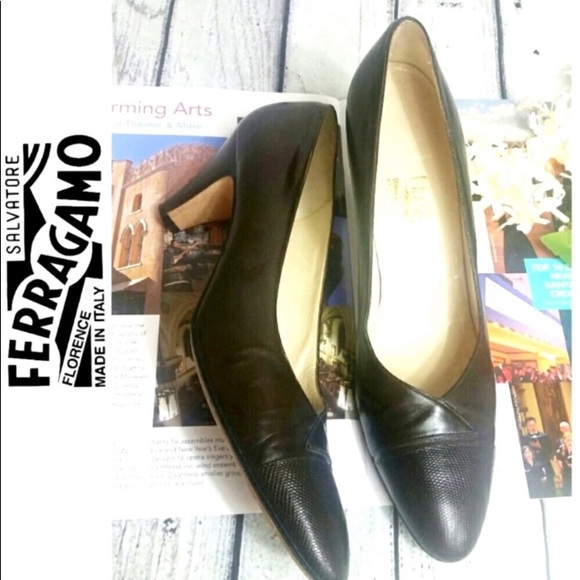 Salvatore Ferragamo Shoes - Authentic SALVATORE FERRAGAMO Brown leather pump kitten heels Lizard size 9